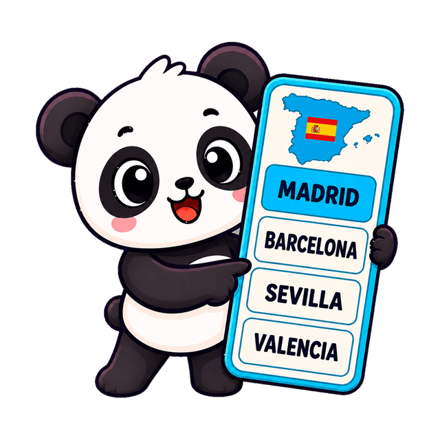 Pandy sosteniendo una lista de ciudades españolas junto a la bandera de España