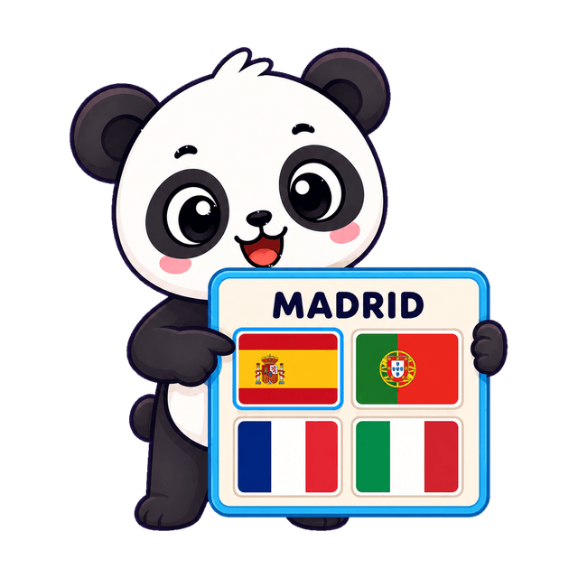 Pandy con un cartel de Madrid y cuatro banderas de países