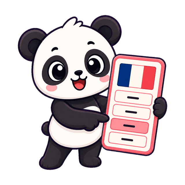 Pandy señalando una lista de nombres de países junto a la bandera de Francia