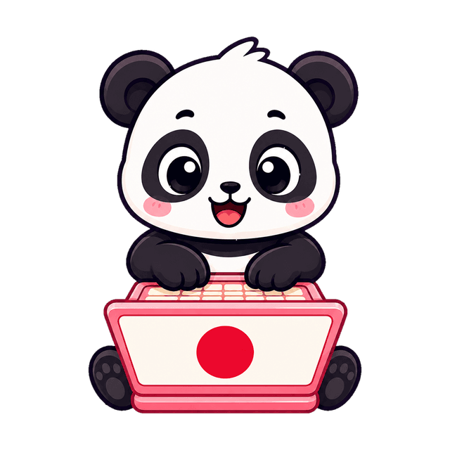 Pandy escribiendo en un portátil con la bandera de Japón en pantalla