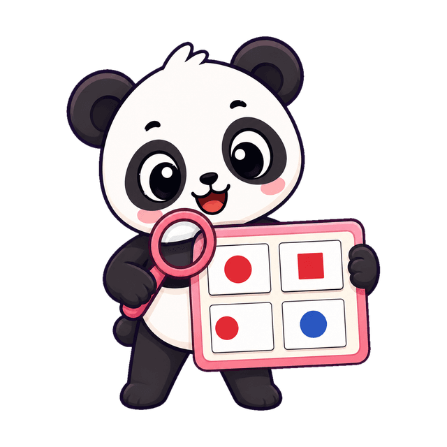 Pandy con una lupa examinando cuatro pistas en una tarjeta
