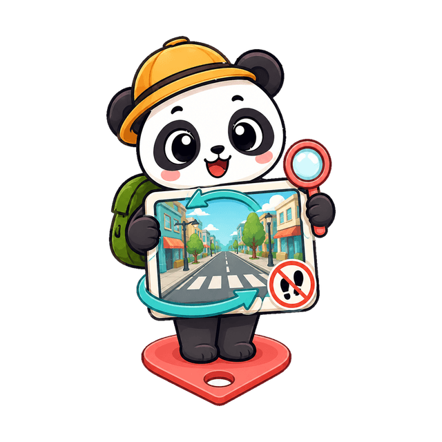 Pandy con una lupa ante una calle en 360° y el icono de moverse tachado