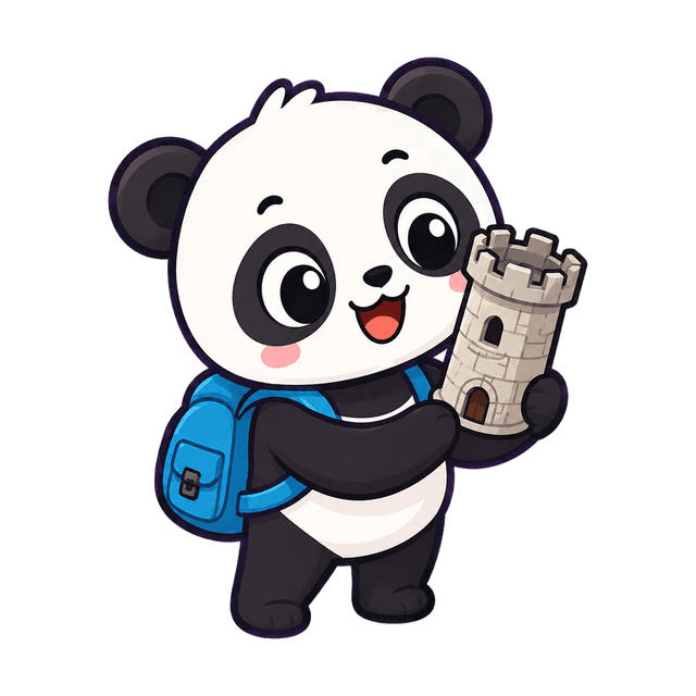 Pandy viajero con una torre de castillo